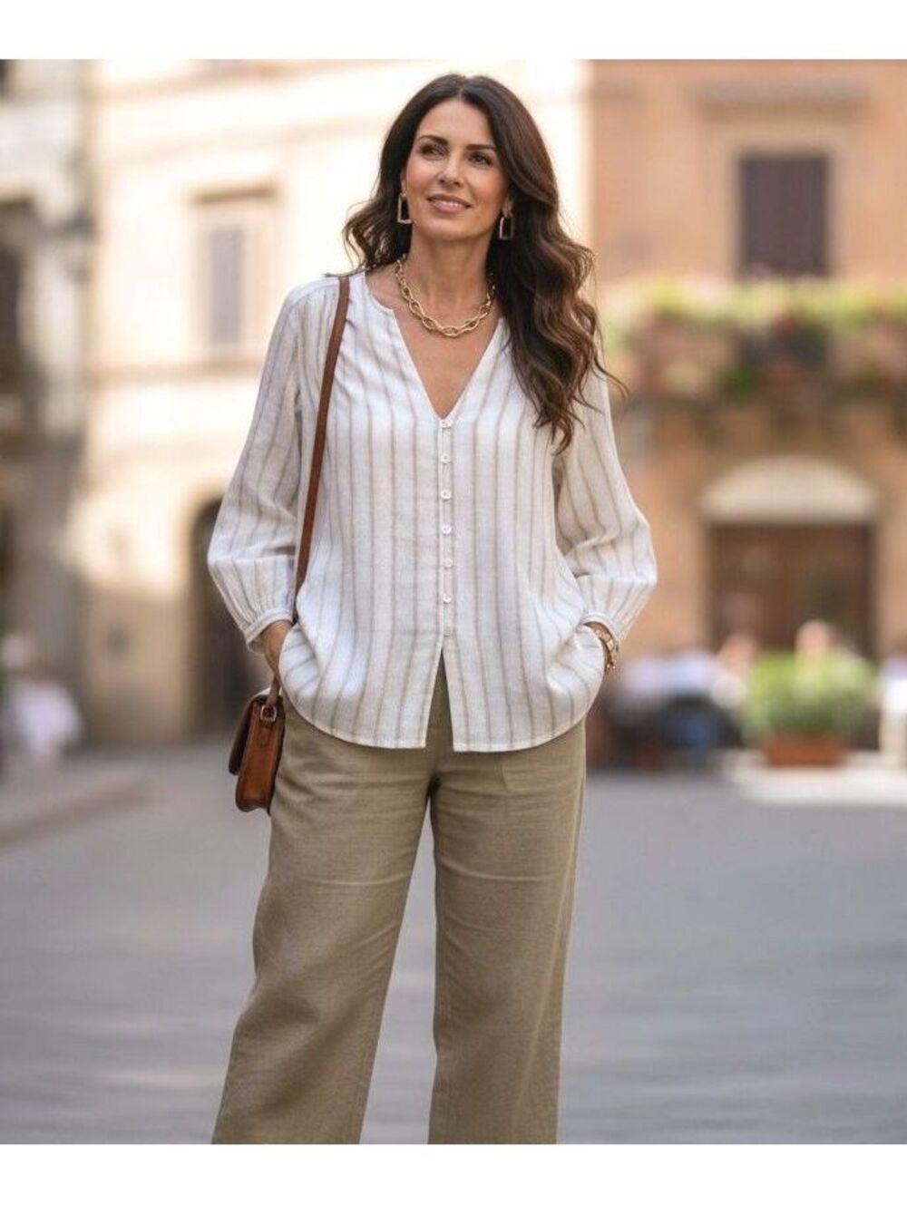 ZARA Cream & Tan Striped Linen Blend Button Up Blouse, Size XL
